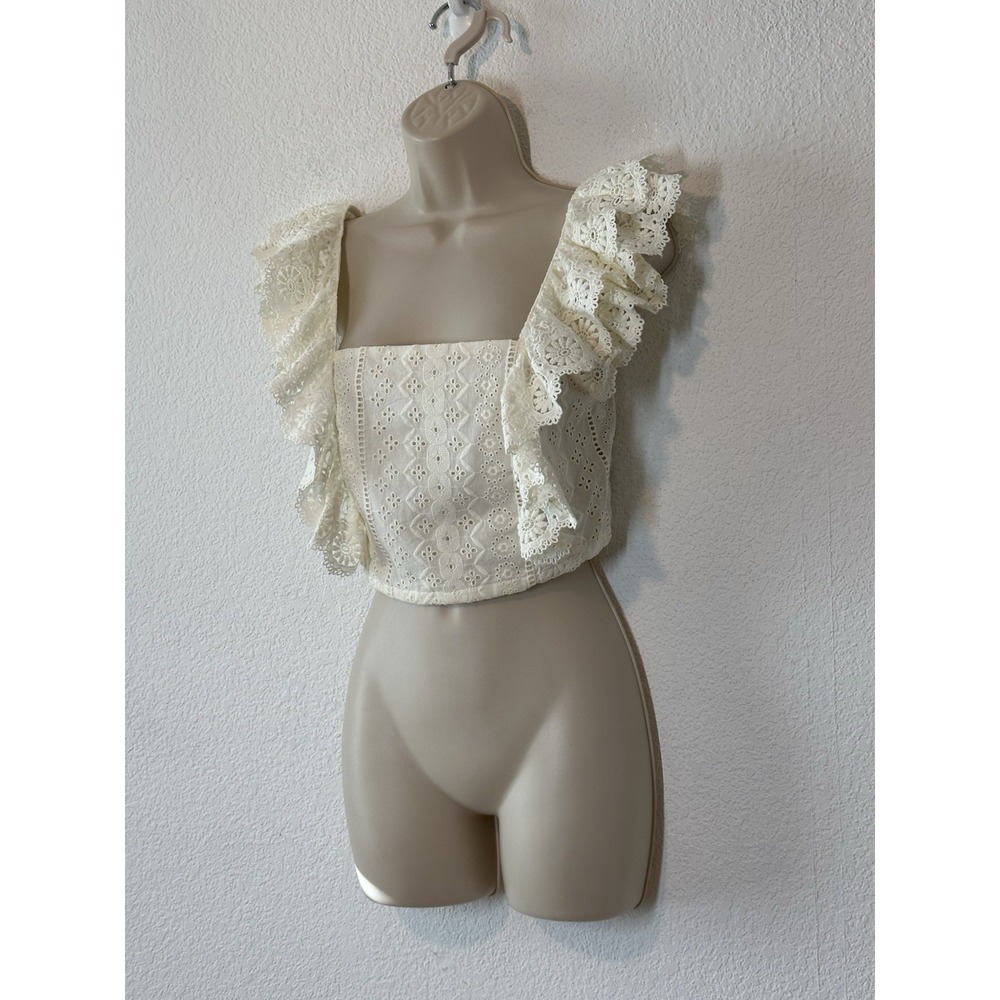 NEW Altar'd State Womens Small Ivory Peasant Crop Top Blouse Eyelet Lace Boho - Picture 2 of 9